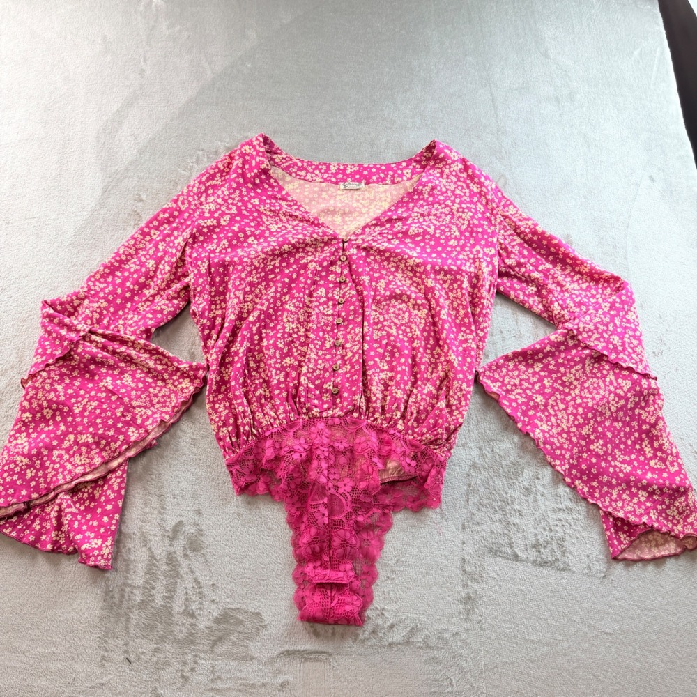 Free People Intimately Pink Lace Long Sleeve Ruffle Bell Bodysuit Women's XS